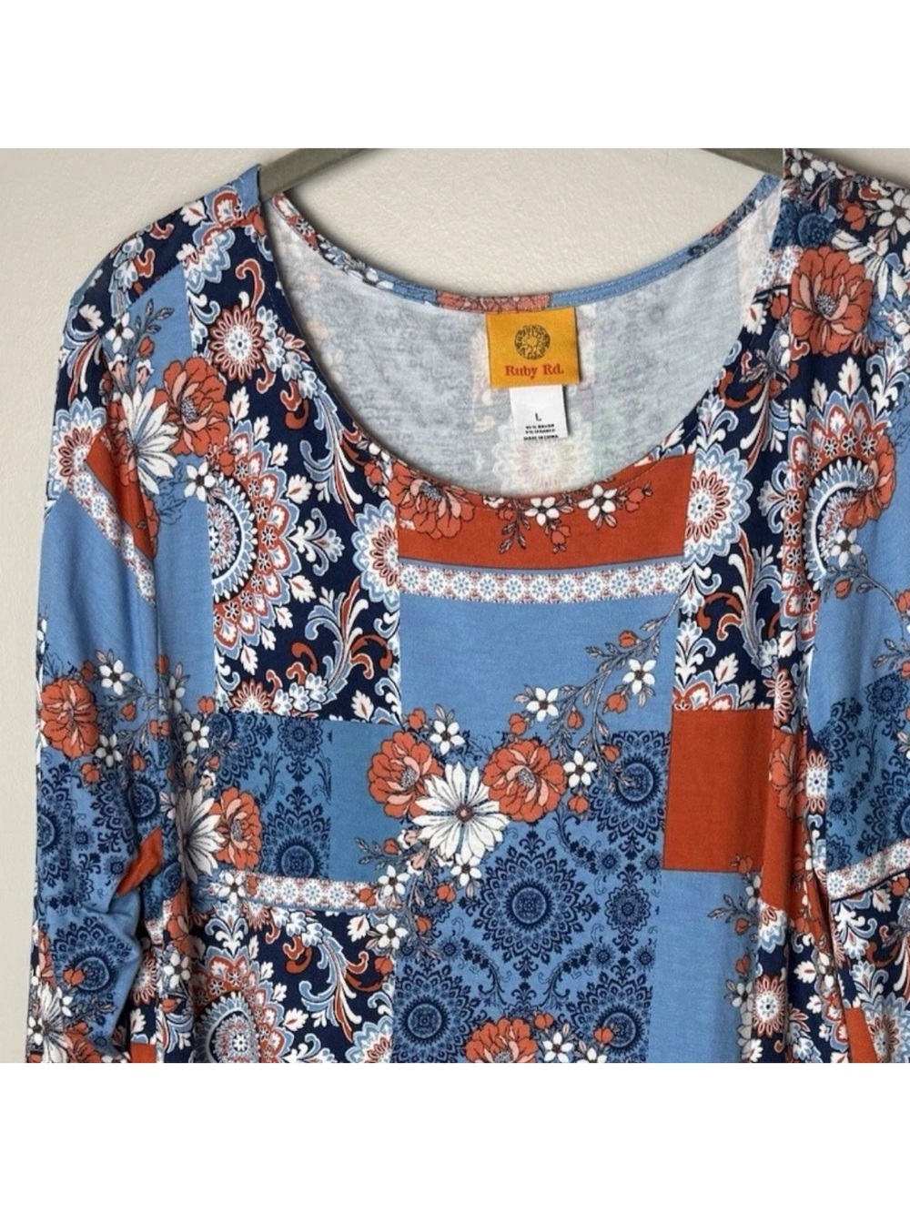 Ruby Rd Tunic Top Sz Large Blue Orange Floral Patchwork Boho 3/4 Sleeves Stretch - Picture 3 of 7